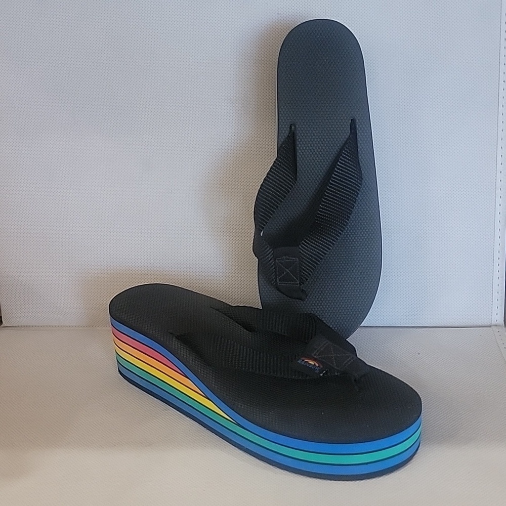 NEW - RAINBOW BRAND WEDGED HEEL BLACK SANDALS (sz 6.5‎ - 7.5)